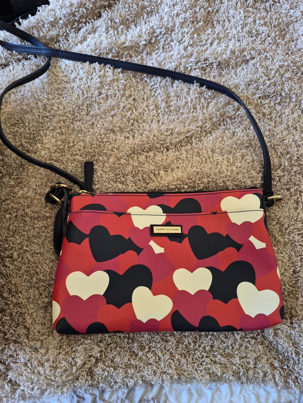 Tommy Hilfiger Red, Black & Cream Heart Print Crossbody Bag